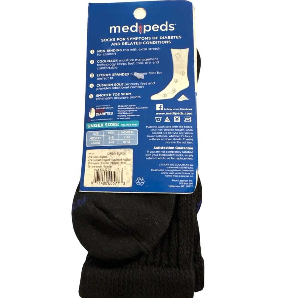 Medipeds Unisex Diabetic Crew Socks 2 Pair M Black Cushion Non-Binding Wellness